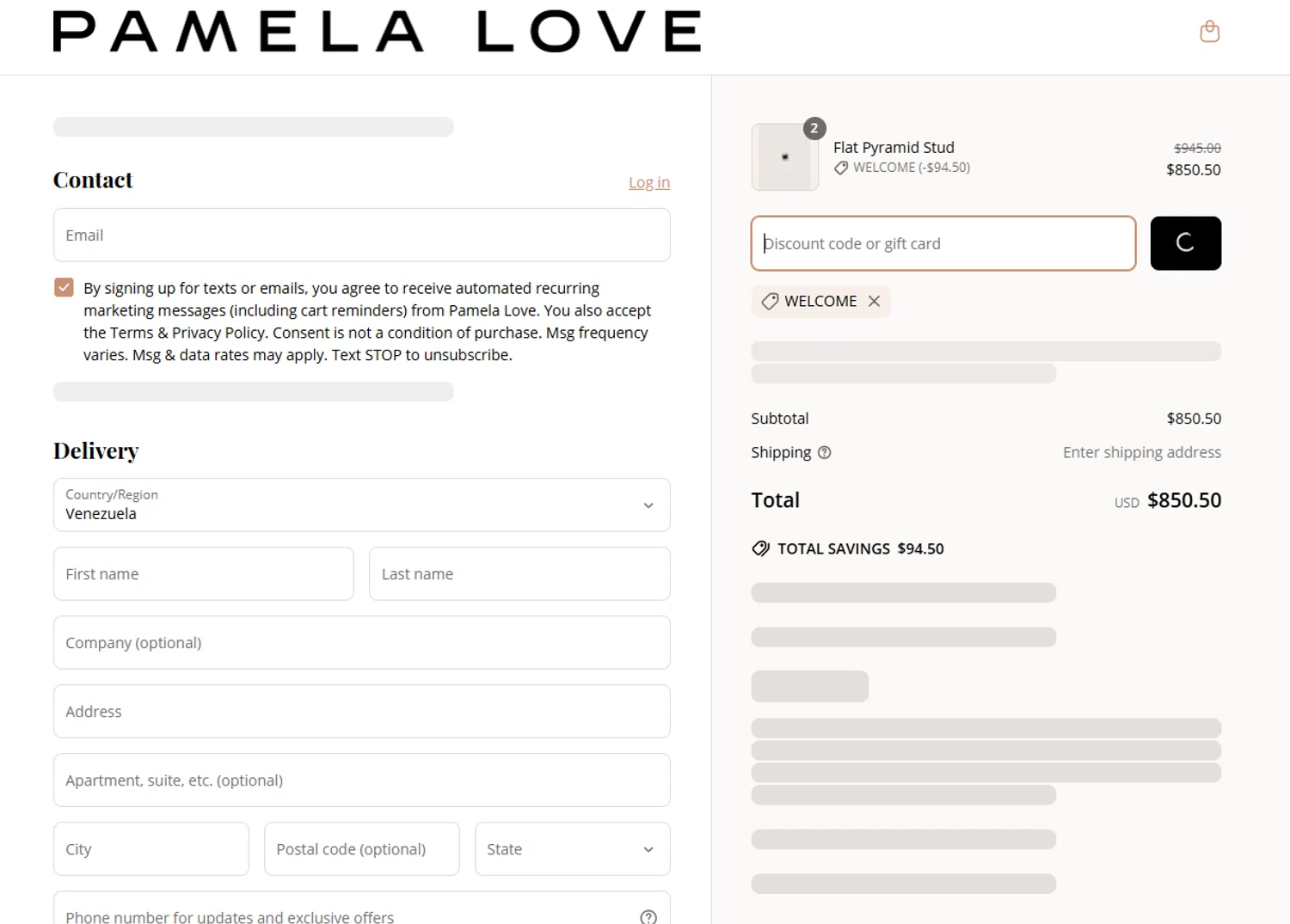 Pamela Love discount code screenshot showing code WELCOME applied at Pamela Love checkout page. Uploaded by SimplyCodes community member Marboroooooooooooo on Apr 7, 2025