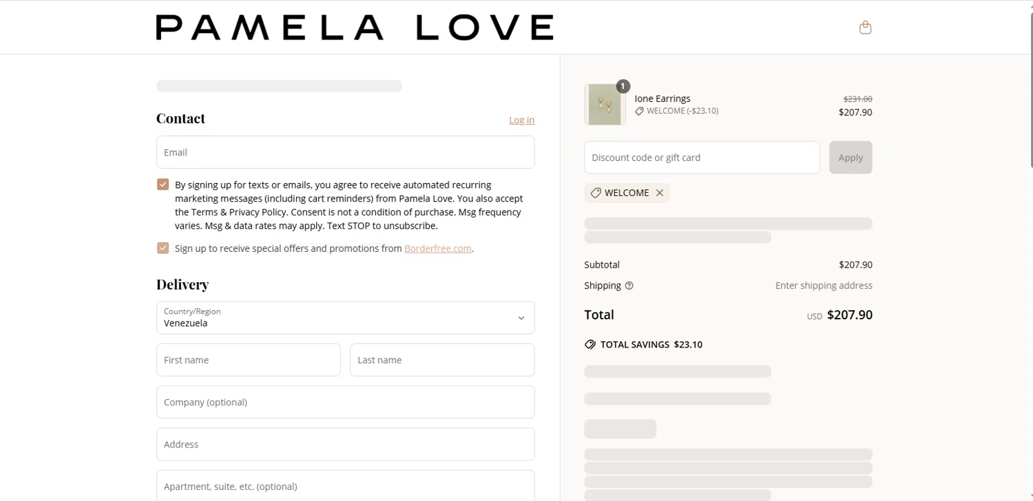 Pamela Love discount code screenshot showing code WELCOME applied at Pamela Love checkout page. Uploaded by SimplyCodes community member dimitriv on May 19, 2025