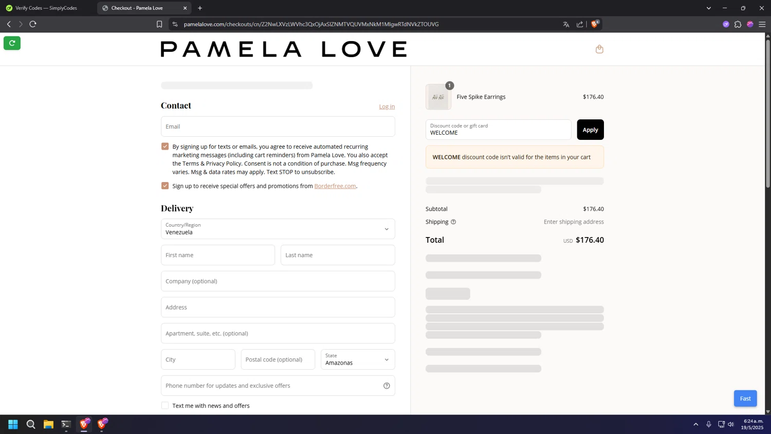 Pamela Love discount code screenshot showing code WELCOME applied at Pamela Love checkout page. Uploaded by SimplyCodes community member INSECTOS on May 19, 2025