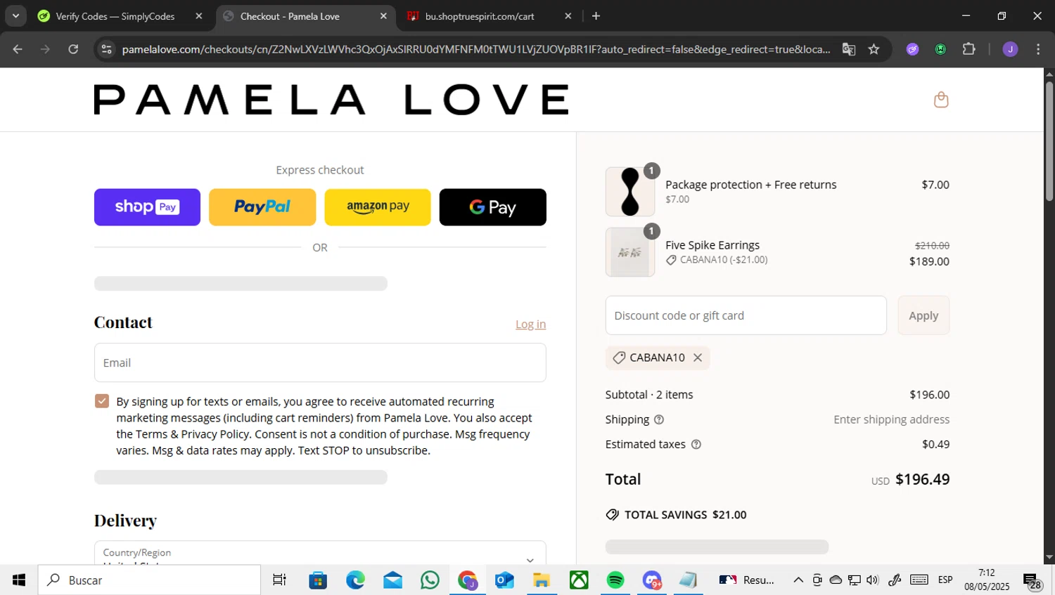Pamela Love discount code screenshot showing code CABANA10 applied at Pamela Love checkout page. Uploaded by SimplyCodes community member ENCARAMESSI on May 8, 2025