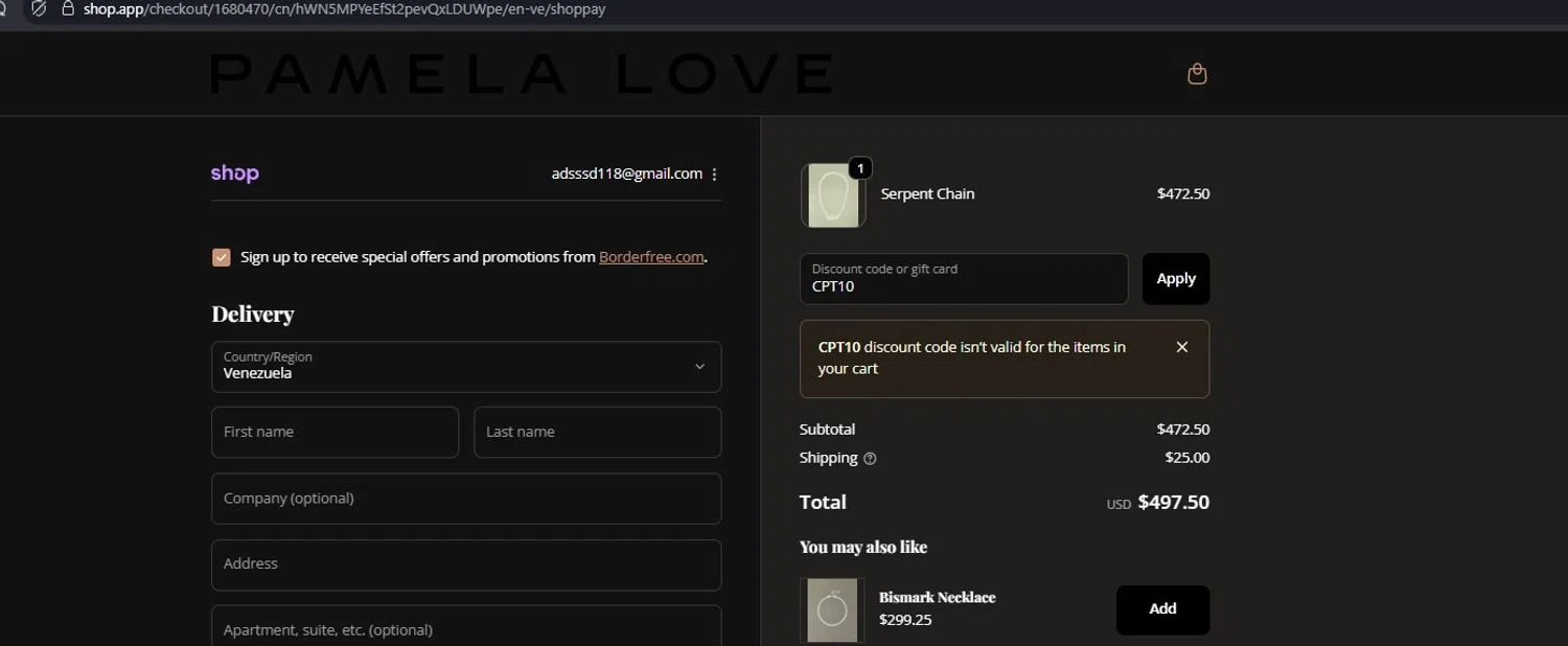 Pamela Love discount code screenshot showing code CPT10 applied at Pamela Love checkout page. Uploaded by SimplyCodes community member NobleCollector3799 on Nov 16, 2025