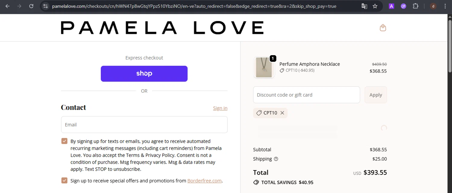 Pamela Love discount code screenshot showing code CPT10 applied at Pamela Love checkout page. Uploaded by SimplyCodes community member VoucherSpotter9376 on Oct 15, 2025