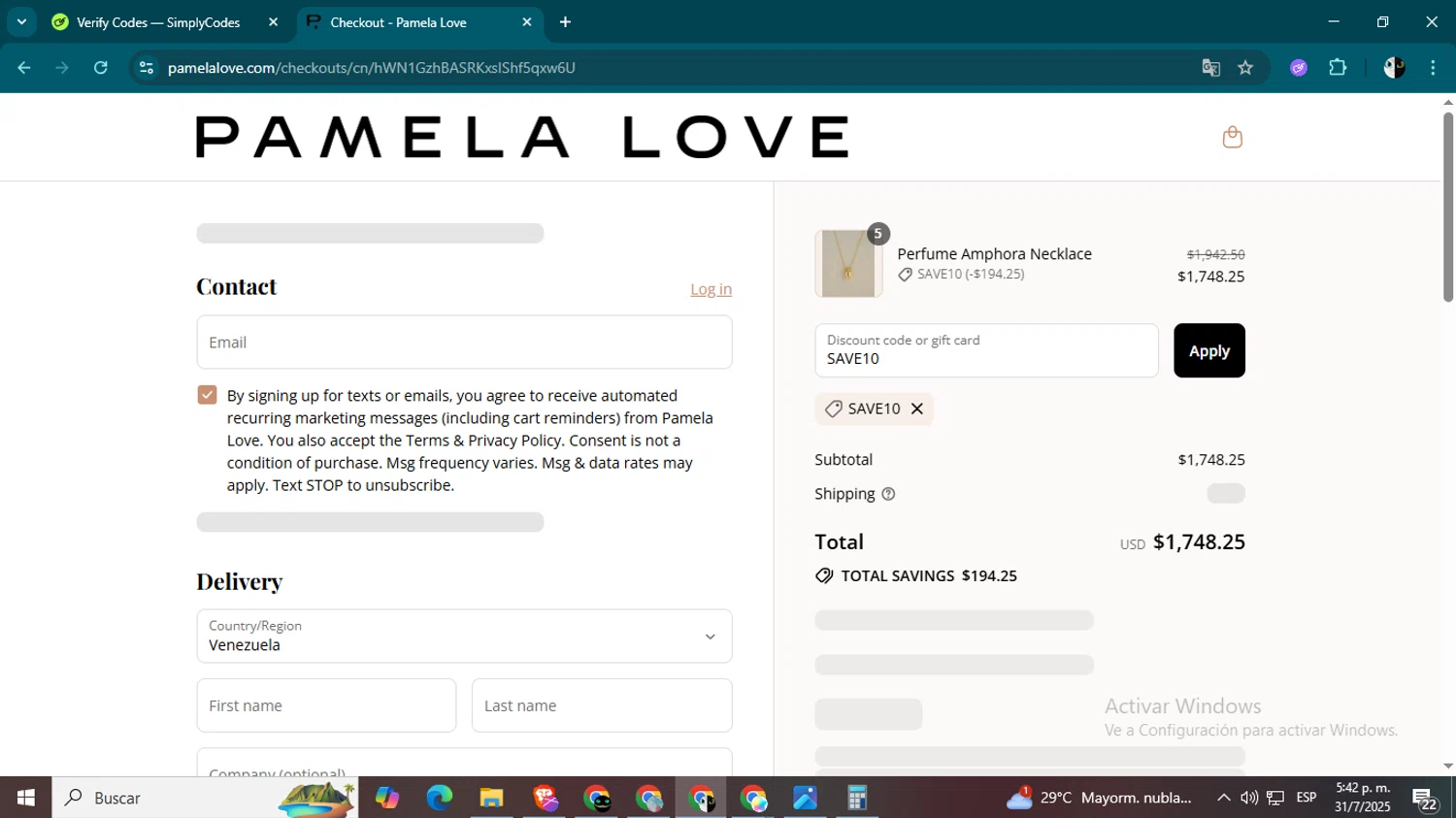 Pamela Love discount code screenshot showing code SAVE10 applied at Pamela Love checkout page. Uploaded by SimplyCodes community member CleverSage9163 on Jul 31, 2025