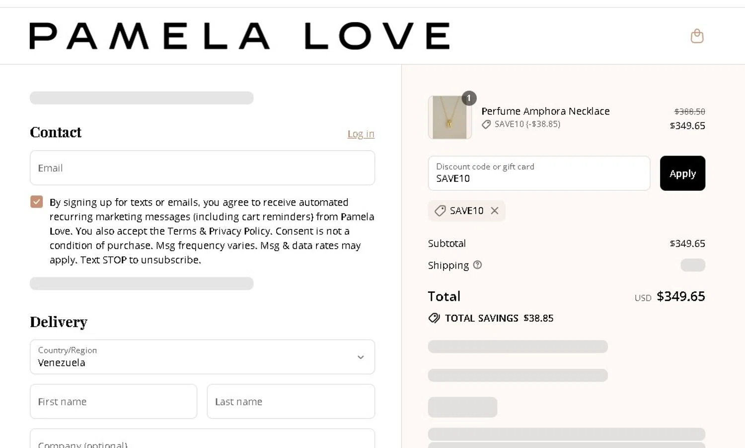 Pamela Love discount code screenshot showing code SAVE10 applied at Pamela Love checkout page. Uploaded by SimplyCodes community member LAMINEJAMAL on Jul 23, 2025