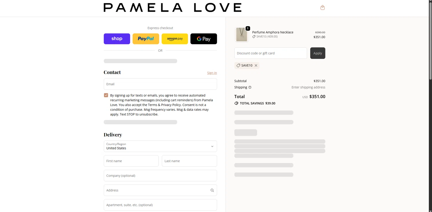 Pamela Love discount code screenshot showing code SAVE10 applied at Pamela Love checkout page. Uploaded by SimplyCodes community member SwiftPhoenix267 on Oct 11, 2025