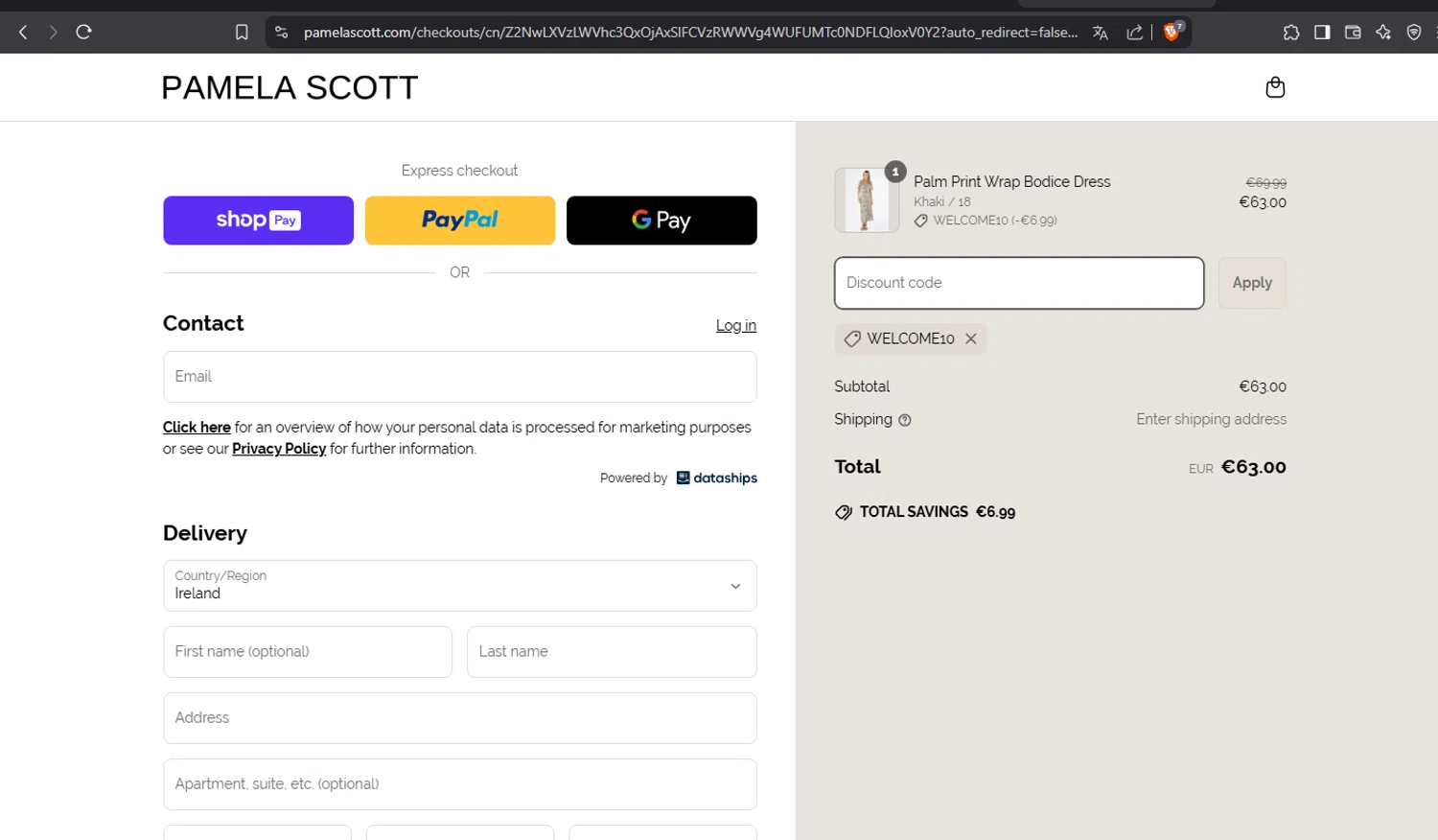 Pamela Scott discount code screenshot showing code WELCOME10 applied at Pamela Scott checkout page. Uploaded by SimplyCodes community member crischidy25 on Mar 27, 2025