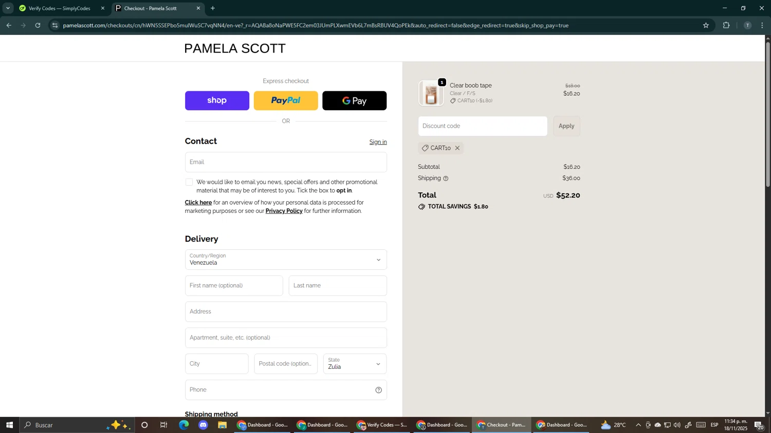 Pamela Scott discount code screenshot showing code CART10 applied at Pamela Scott checkout page. Uploaded by SimplyCodes community member Makemusic on Nov 19, 2025