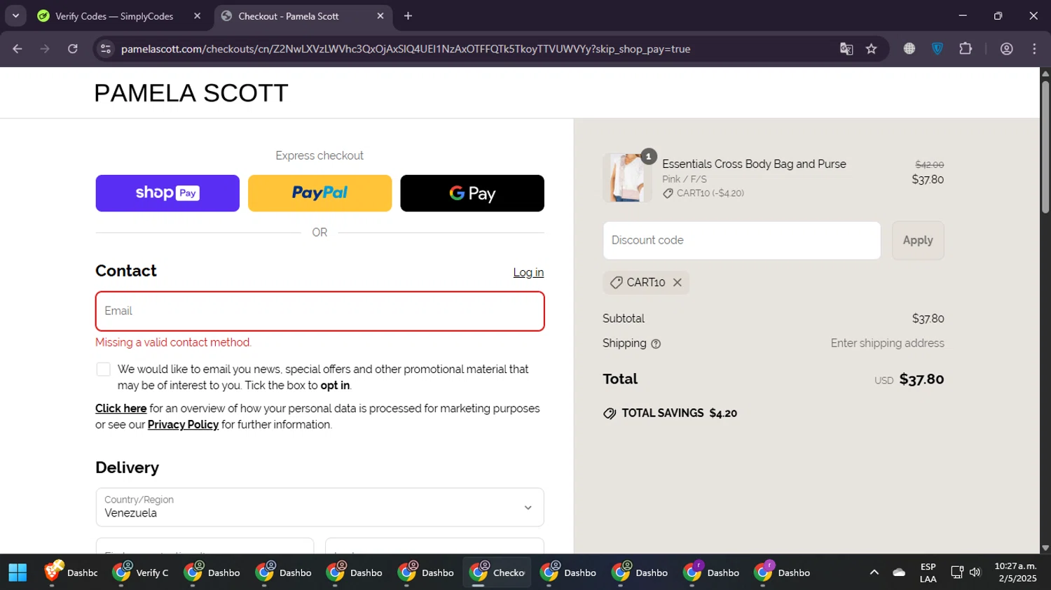 Pamela Scott discount code screenshot showing code CART10 applied at Pamela Scott checkout page. Uploaded by SimplyCodes community member PrimeGuardian7348 on May 2, 2025