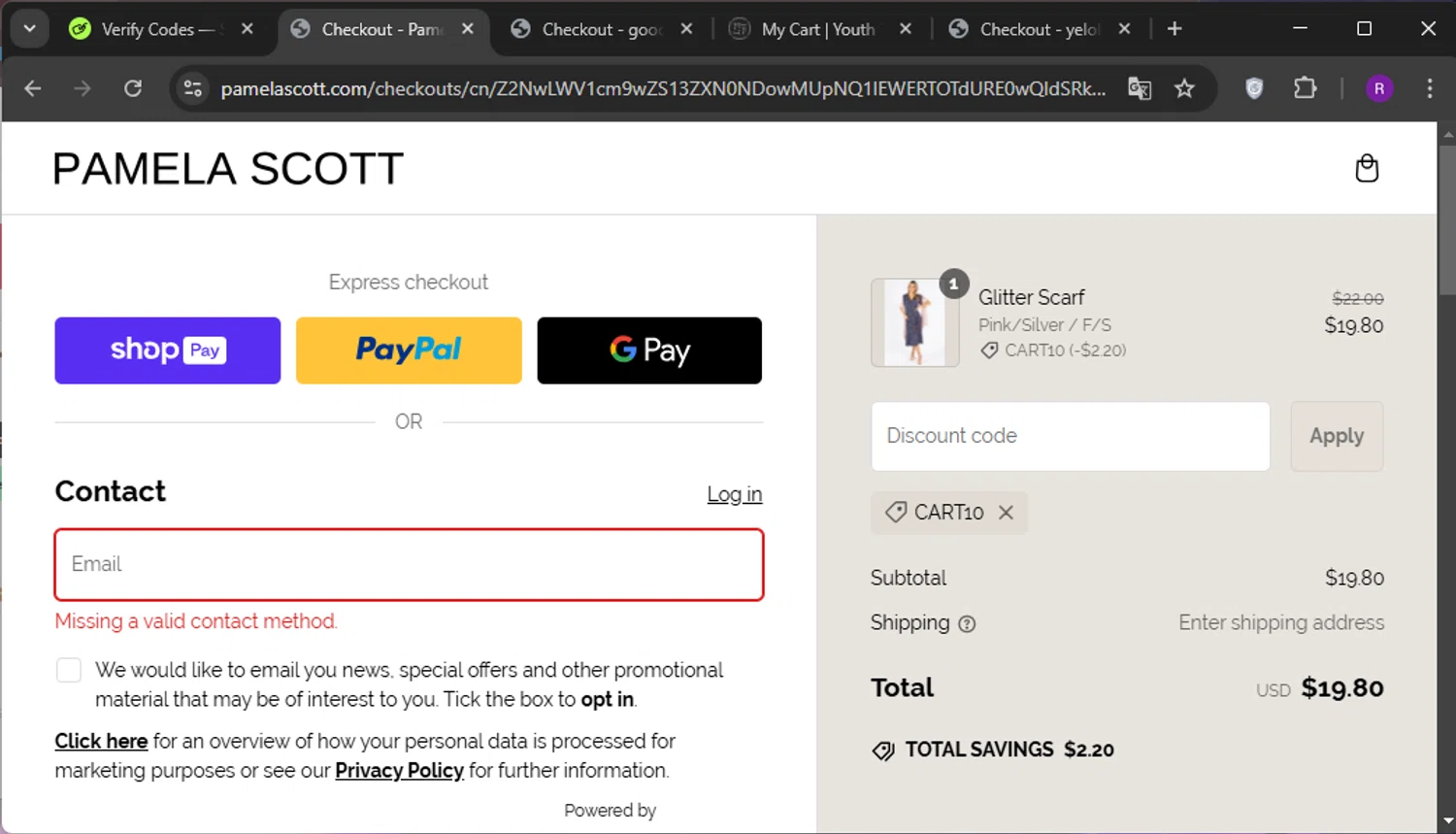 Pamela Scott discount code screenshot showing code CART10 applied at Pamela Scott checkout page. Uploaded by SimplyCodes community member TokenFox2691 on Feb 18, 2025