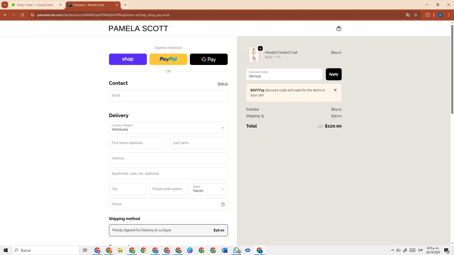 Pamela Scott discount code screenshot showing code savvy15 applied at Pamela Scott checkout page. Uploaded by SimplyCodes community member DiscountRanger3690 on Oct 26, 2025