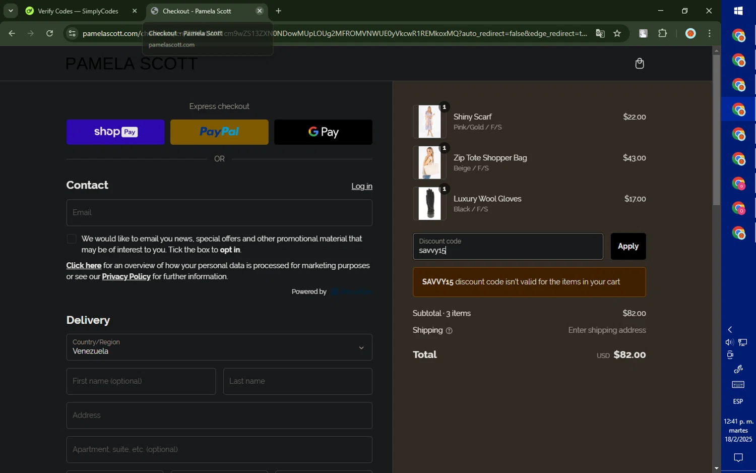 Pamela Scott discount code screenshot showing code savvy15 applied at Pamela Scott checkout page. Uploaded by SimplyCodes community member SalePhoenix823 on Feb 18, 2025
