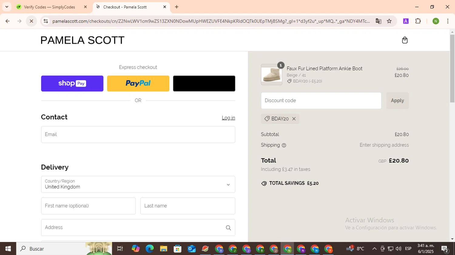 Pamela Scott discount code screenshot showing code BDAY20 applied at Pamela Scott checkout page. Uploaded by SimplyCodes community member TokenMaverick6956 on Jan 6, 2025