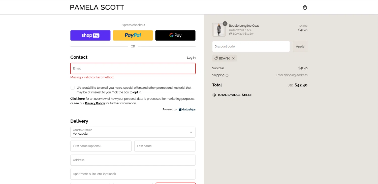 Pamela Scott discount code screenshot showing code BDAY20 applied at Pamela Scott checkout page. Uploaded by SimplyCodes community member BrillianteMaestro892 on Feb 1, 2025