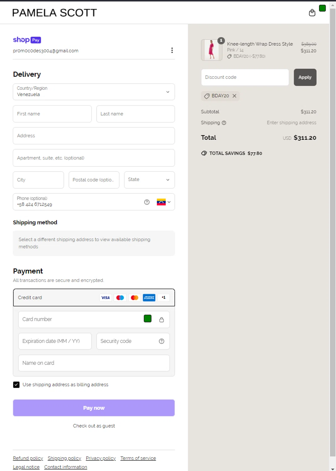 Pamela Scott discount code screenshot showing code BDAY20 applied at Pamela Scott checkout page. Uploaded by SimplyCodes community member kaiserser on Mar 19, 2025