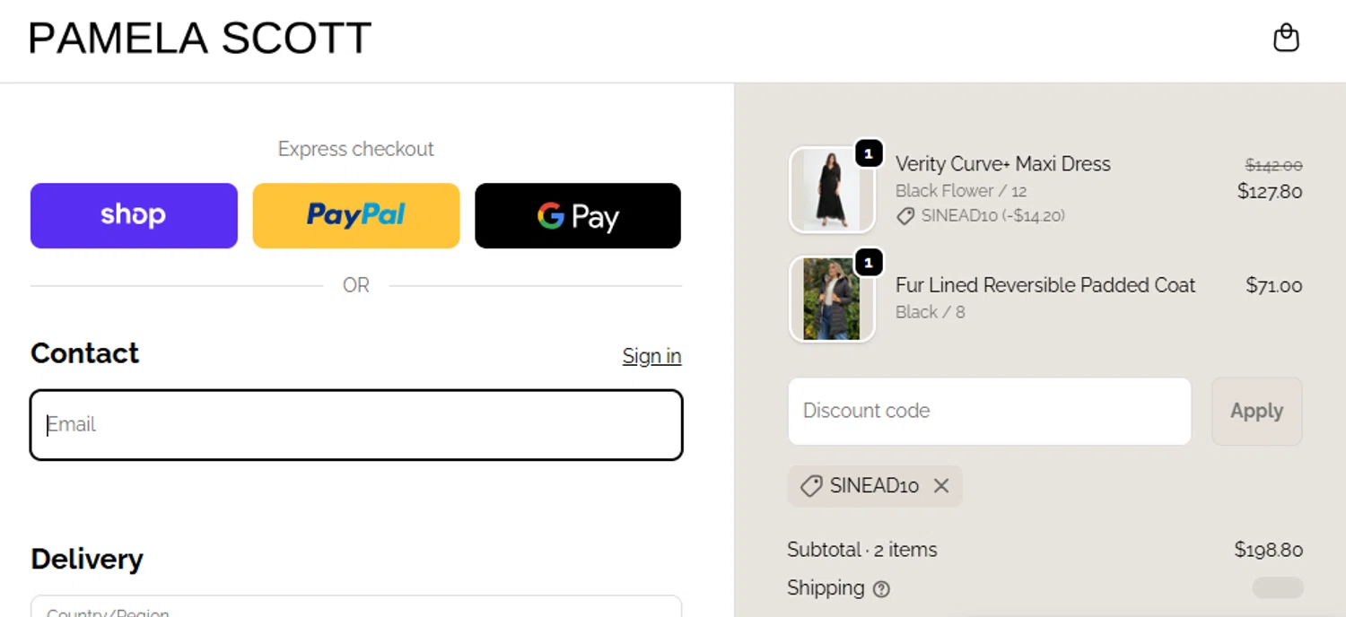 Pamela Scott discount code screenshot showing code SINEAD10 applied at Pamela Scott checkout page. Uploaded by SimplyCodes community member anosesmith on Nov 24, 2025
