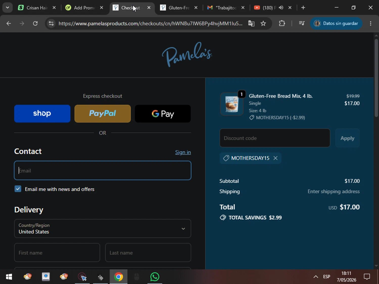 Pamela's Products promo code screenshot showing code MOTHERSDAY15 applied at Pamela's Products checkout page. Uploaded by SimplyCodes community member MarcosAranguren on May 7, 2026
