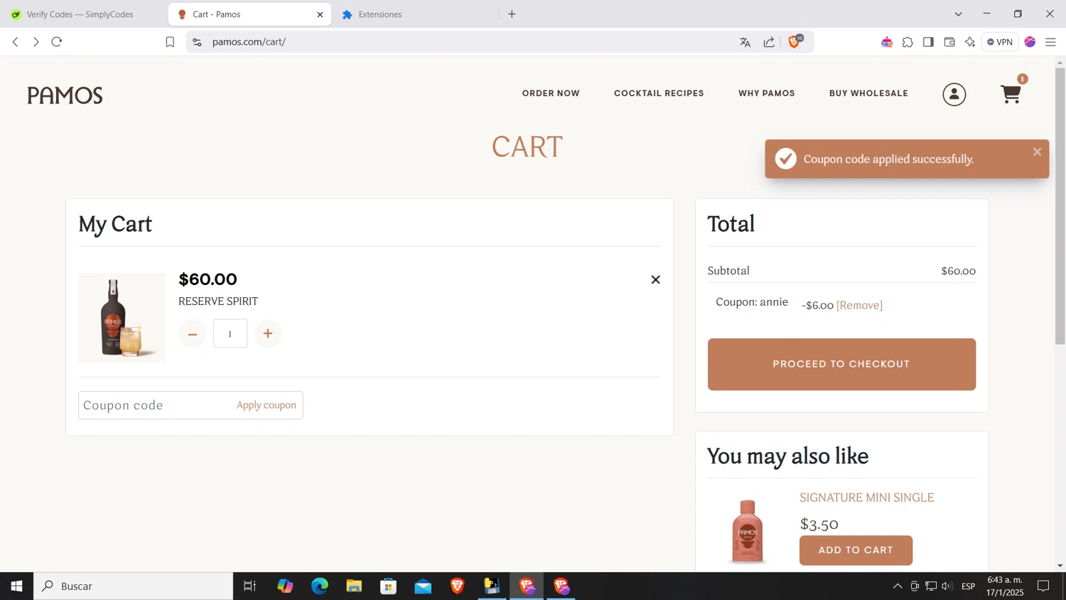Pamos coupon code screenshot showing code ANNIE applied at Pamos checkout page. Uploaded by SimplyCodes community member AnthonyGTX on Jan 17, 2025
