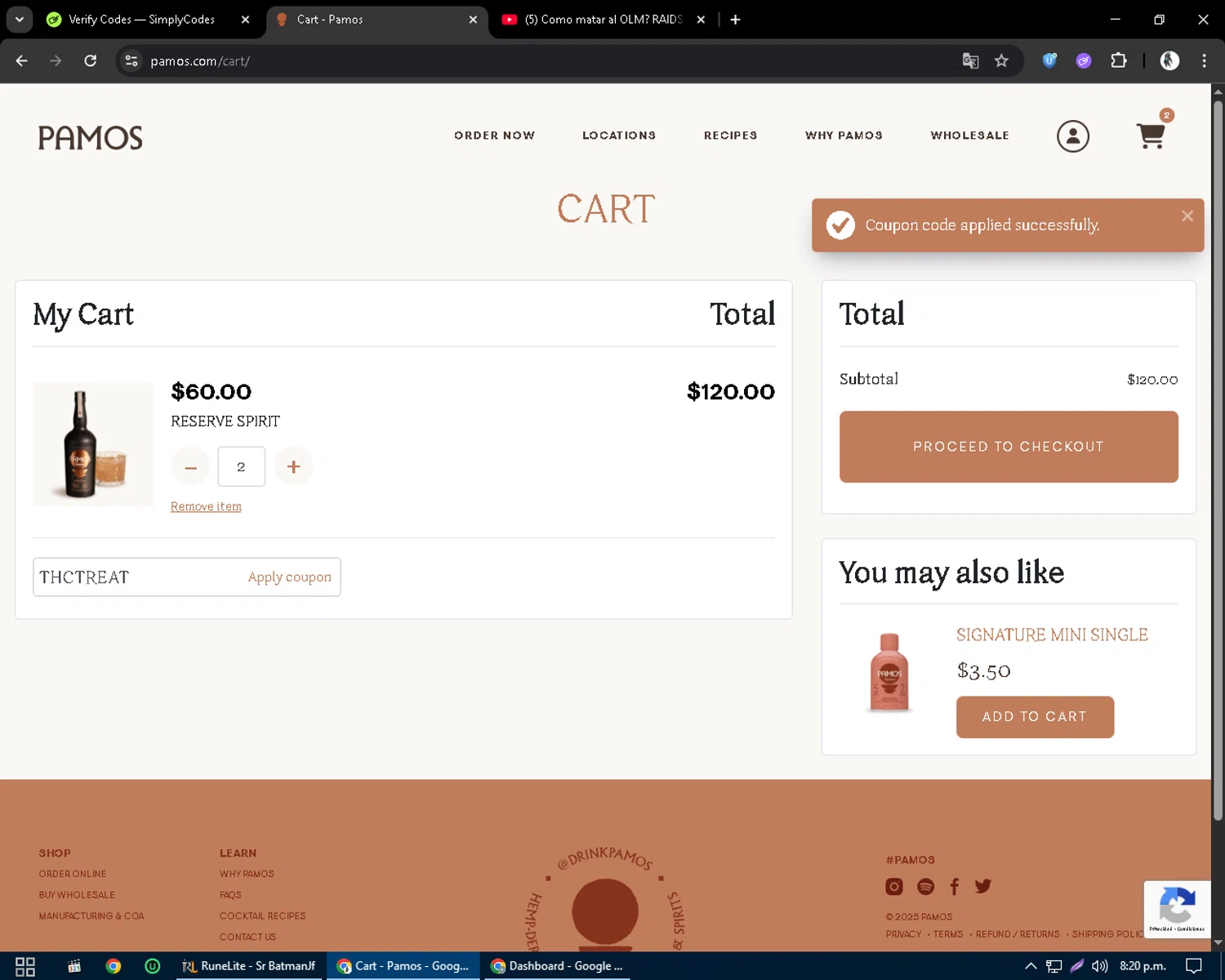 Pamos coupon code screenshot showing code THCTREAT applied at Pamos checkout page. Uploaded by SimplyCodes community member CleverSentinel9441 on Jun 19, 2025