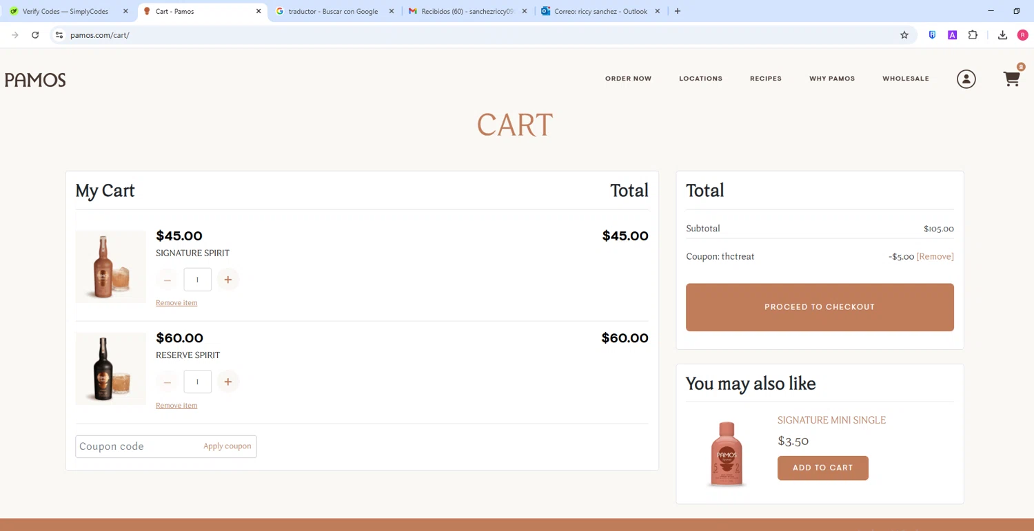 Pamos coupon code screenshot showing code THCTREAT applied at Pamos checkout page. Uploaded by SimplyCodes community member ShieldWarden5142 on Aug 15, 2025