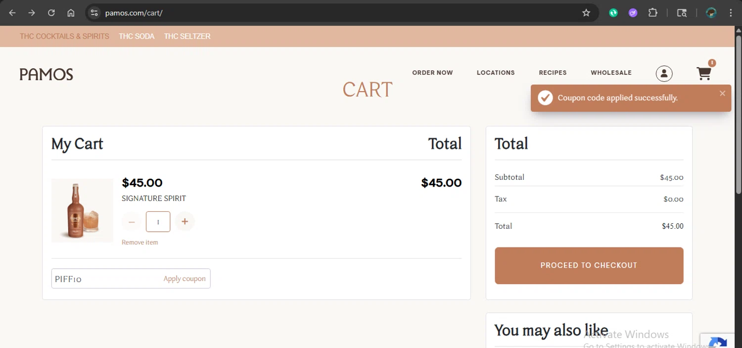 Pamos coupon code screenshot showing code PIFF10 applied at Pamos checkout page. Uploaded by SimplyCodes community member xAngel on Dec 29, 2025