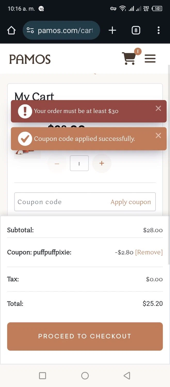 Pamos coupon code screenshot showing code PUFFPUFFPIXIE applied at Pamos checkout page. Uploaded by SimplyCodes community member Miggy2024 on Oct 24, 2025