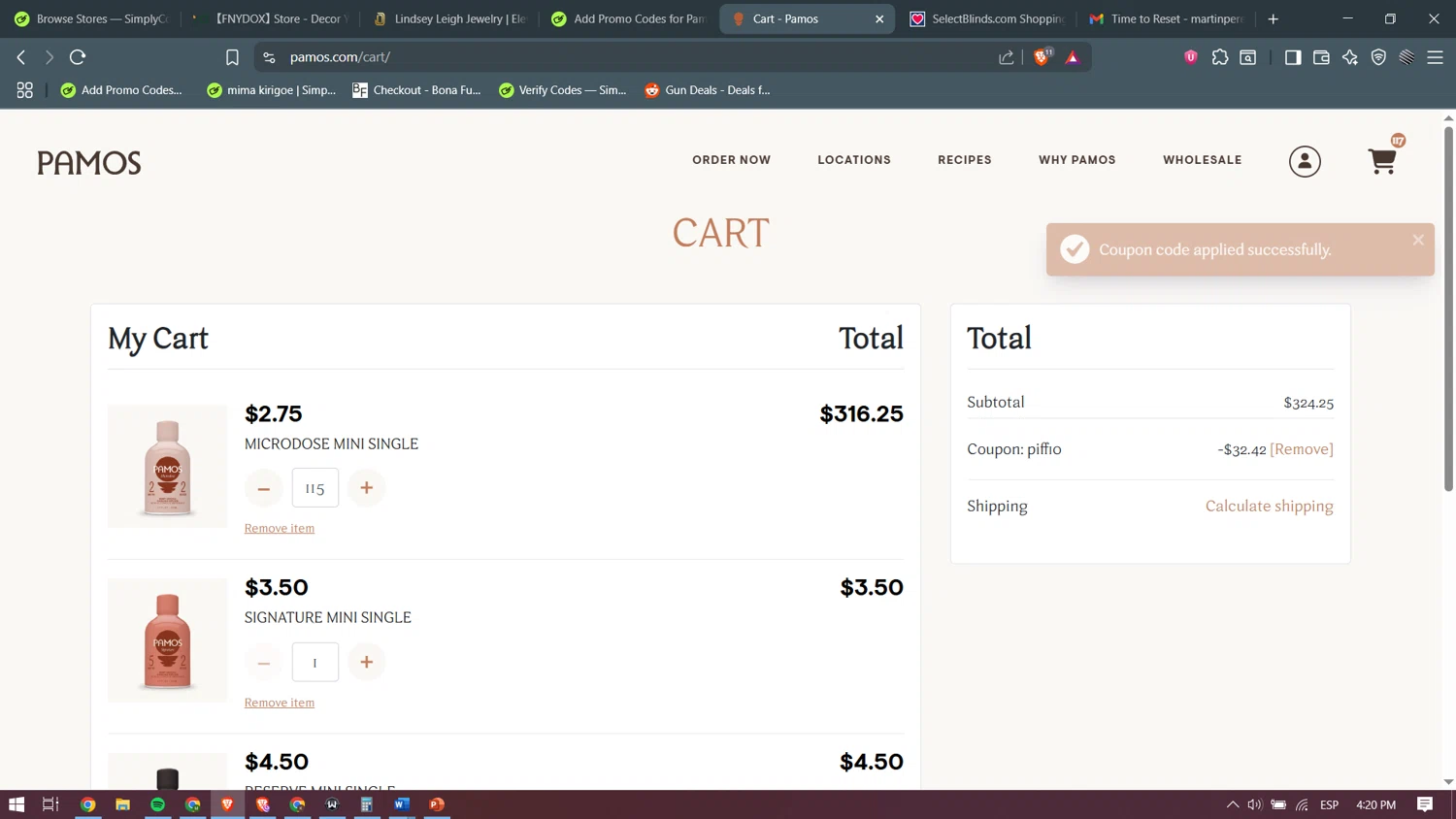 Pamos coupon code screenshot showing code PIFF10 applied at Pamos checkout page. Uploaded by SimplyCodes community member becomeaware on Jul 14, 2025