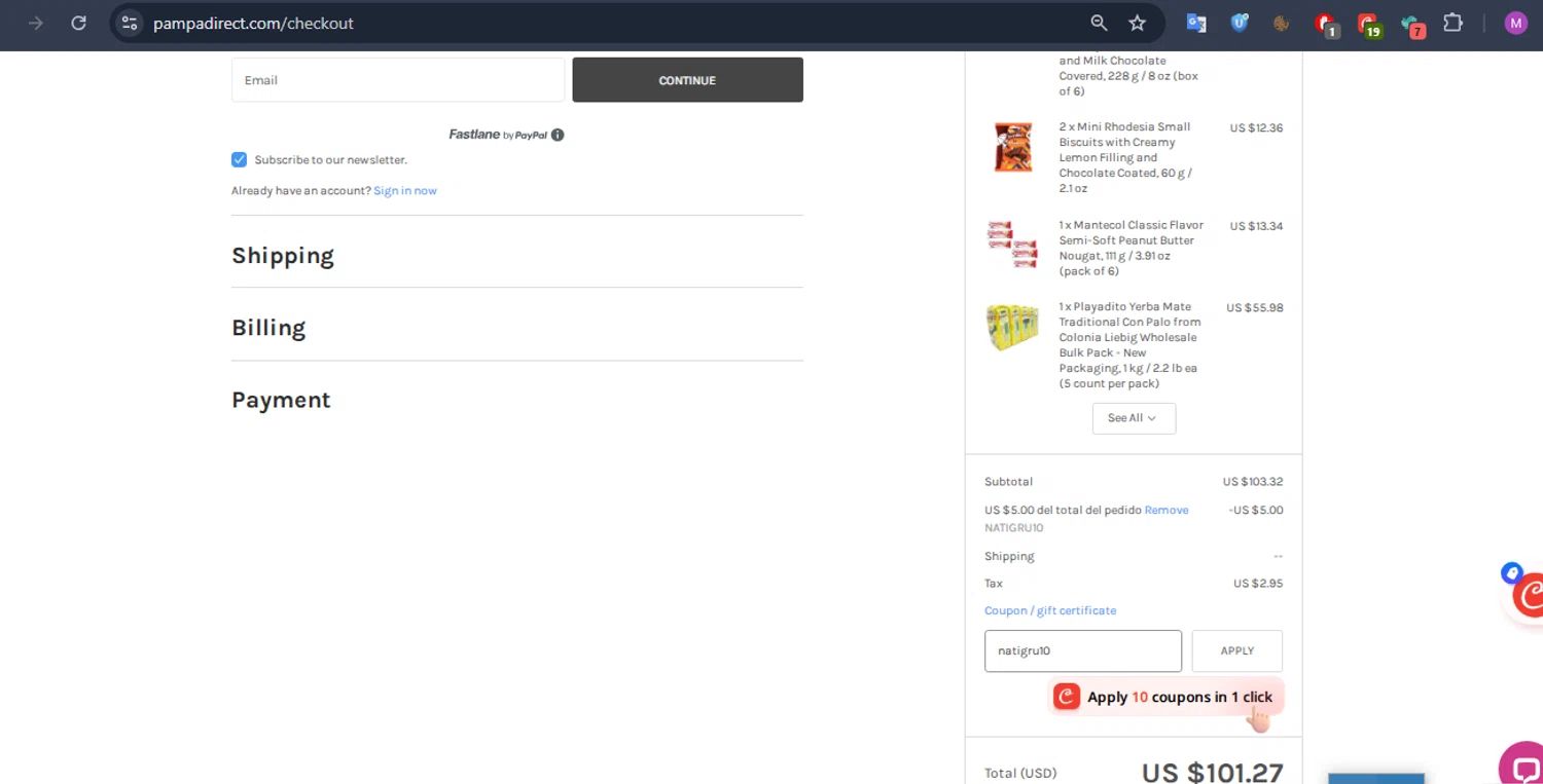 Pampa Direct promo code screenshot showing code natigru10 applied at Pampa Direct checkout page. Uploaded by SimplyCodes community member CoinMaven895 on Dec 22, 2025