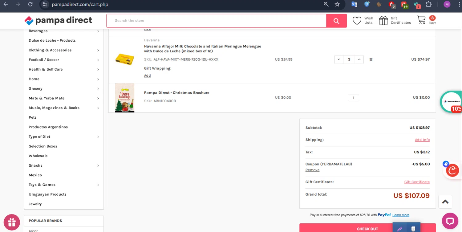 Pampa Direct promo code screenshot showing code YERBAMATELAB applied at Pampa Direct checkout page. Uploaded by SimplyCodes community member SmartFalcon9323 on Dec 22, 2025