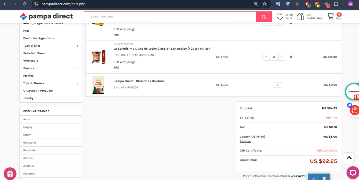 Pampa Direct promo code screenshot showing code JEIMY10 applied at Pampa Direct checkout page. Uploaded by SimplyCodes community member WonderHawk4272 on Dec 22, 2025
