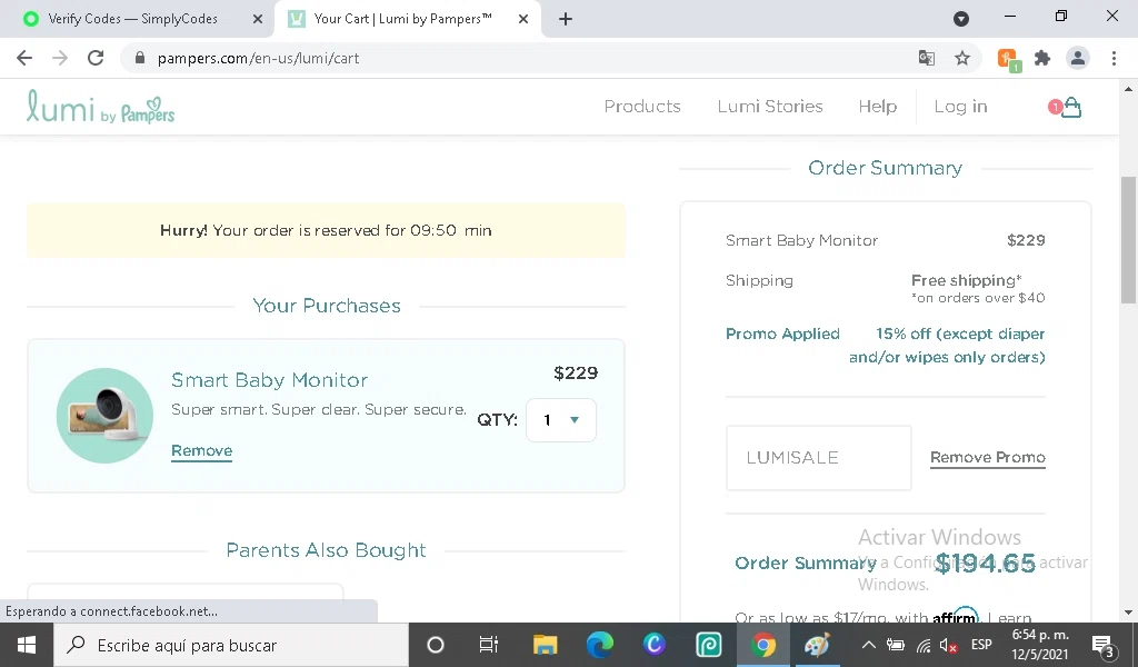 Pampers checkout page showing Pampers promo code box | Screenshot taken by SimplyCodes community member on May 12, 2021