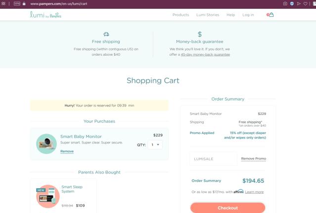 Pampers checkout page showing Pampers promo code box | Screenshot taken by SimplyCodes community member on May 5, 2021