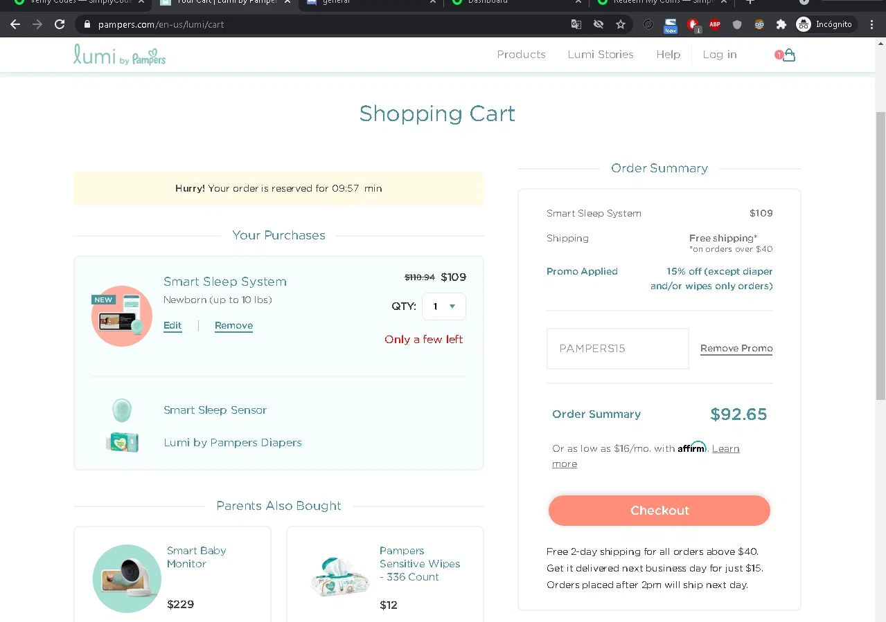 Pampers checkout page showing Pampers promo code box | Screenshot taken by SimplyCodes community member on May 5, 2021