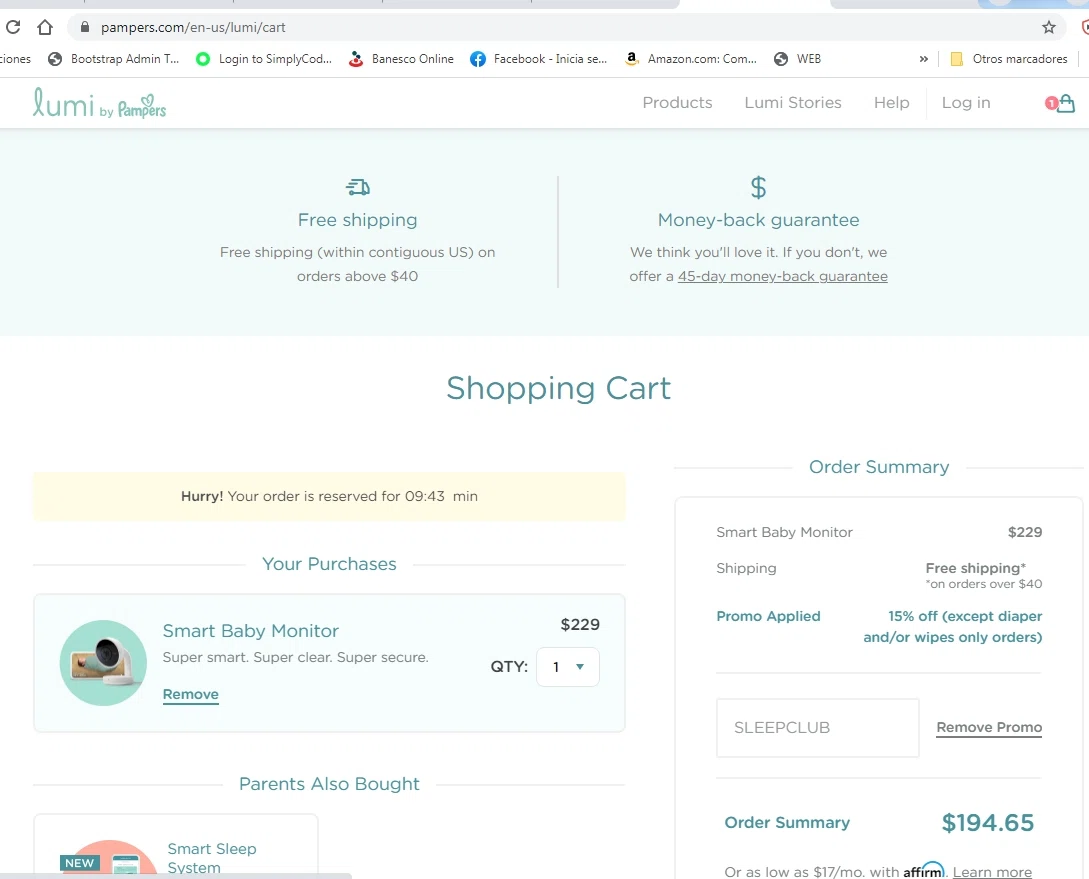 Pampers checkout page showing Pampers promo code box | Screenshot taken by SimplyCodes community member on May 5, 2021