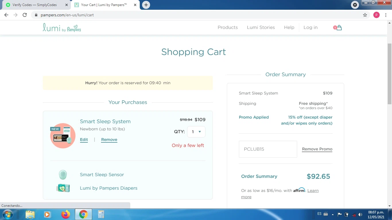 Pampers checkout page showing Pampers promo code box | Screenshot taken by SimplyCodes community member on May 12, 2021