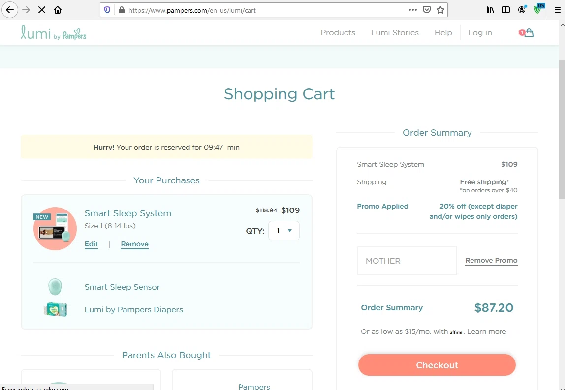Pampers checkout page showing Pampers promo code box | Screenshot taken by SimplyCodes community member on May 10, 2021