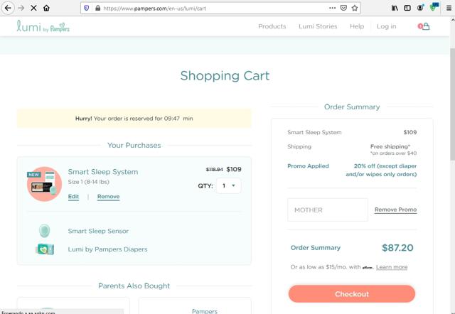Pampers checkout page showing Pampers promo code box | Screenshot taken by SimplyCodes community member on May 10, 2021