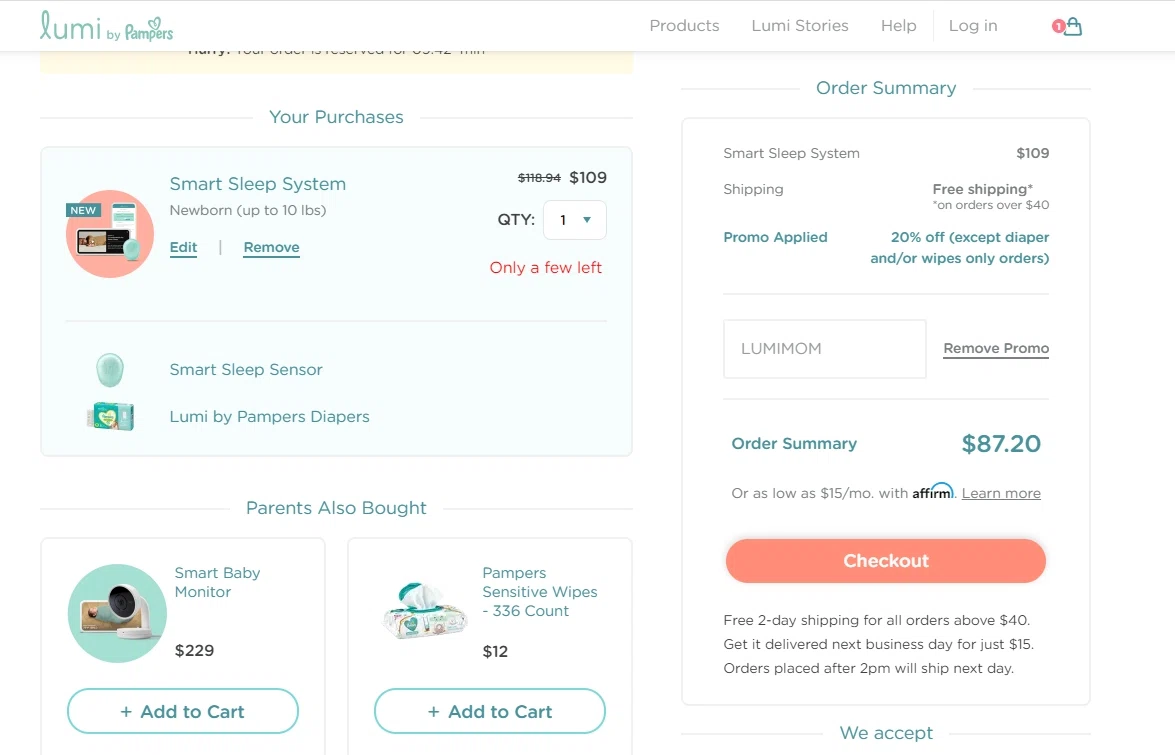 Pampers checkout page showing Pampers promo code box | Screenshot taken by SimplyCodes community member on May 5, 2021
