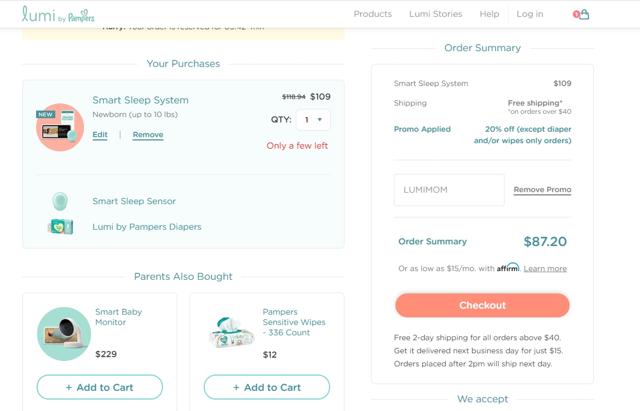 Pampers checkout page showing Pampers promo code box | Screenshot taken by SimplyCodes community member on May 5, 2021