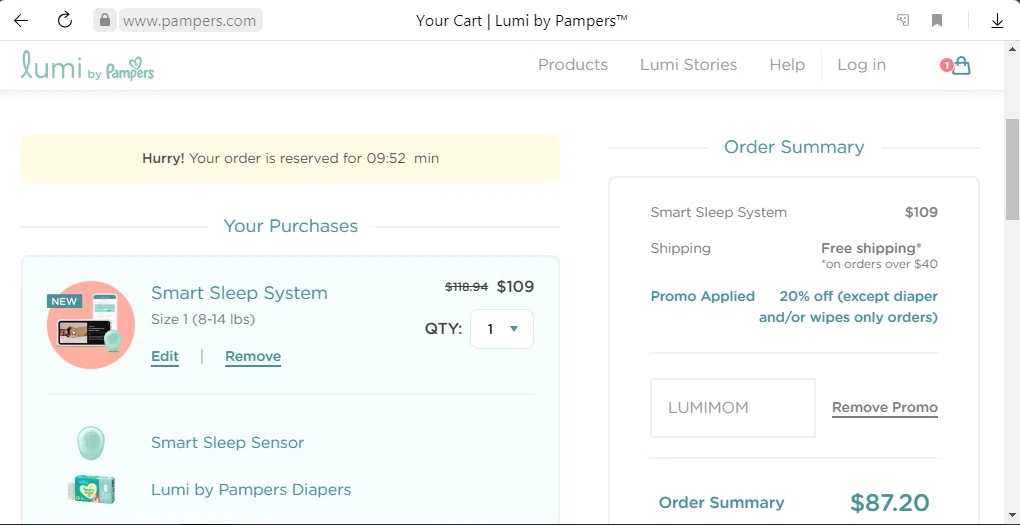 Pampers checkout page showing Pampers promo code box | Screenshot taken by SimplyCodes community member on May 12, 2021