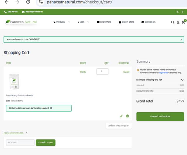 Panacea Natural checkout page showing Panacea Natural promo code box | Screenshot taken by SimplyCodes community member on Aug 23, 2025