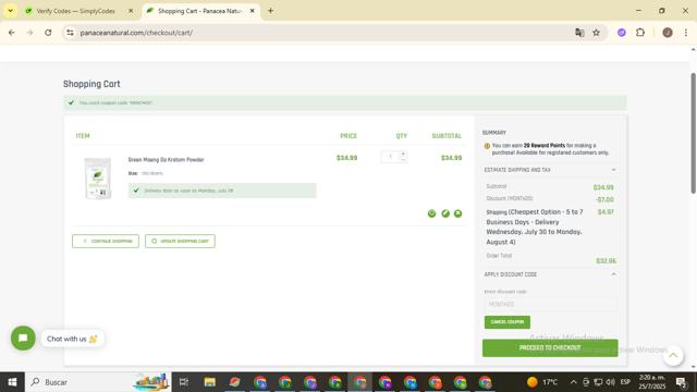 Panacea Natural checkout page showing Panacea Natural promo code box | Screenshot taken by SimplyCodes community member on Jul 25, 2025