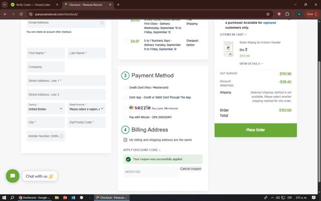 Panacea Natural checkout page showing Panacea Natural promo code box | Screenshot taken by SimplyCodes community member on Sep 4, 2025