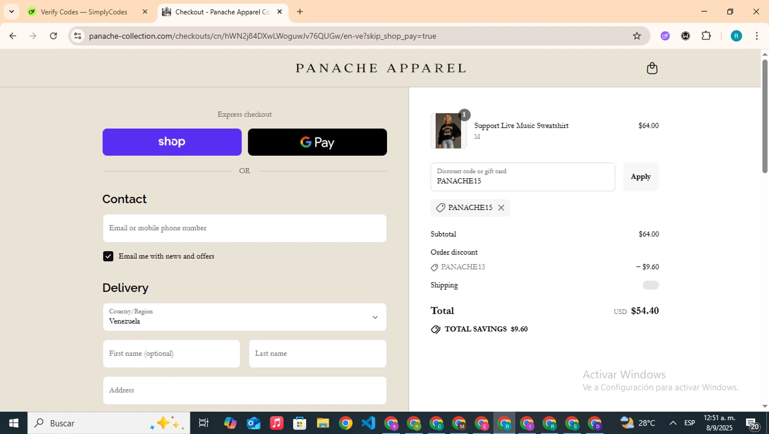 Panache Apparel discount code screenshot showing code PANACHE15 applied at Panache Apparel checkout page. Uploaded by SimplyCodes community member BudgetHero4407 on Sep 8, 2025