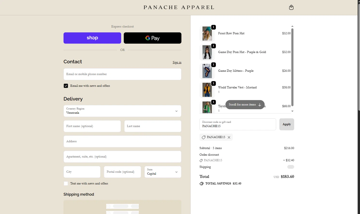 Panache Apparel discount code screenshot showing code PANACHE15 applied at Panache Apparel checkout page. Uploaded by SimplyCodes community member Keilynkeyonshea on Oct 22, 2025