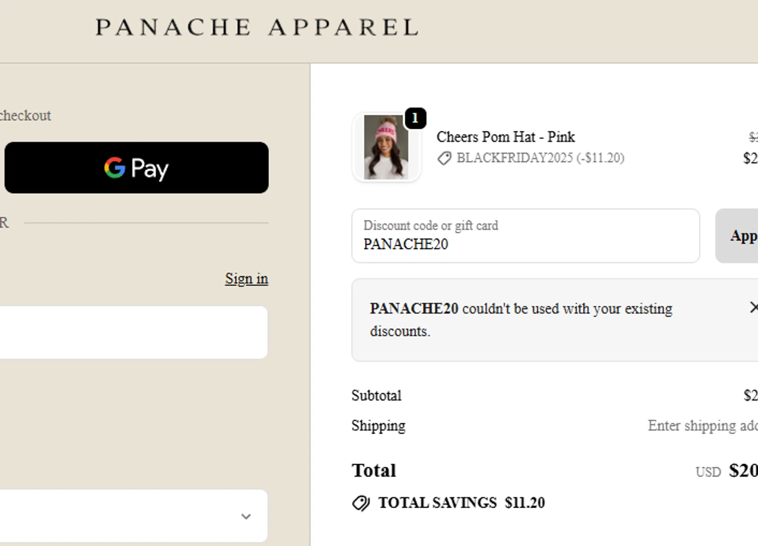 Panache Apparel discount code screenshot showing code PANACHE20 applied at Panache Apparel checkout page. Uploaded by SimplyCodes community member Dejadepicharme on Nov 24, 2025