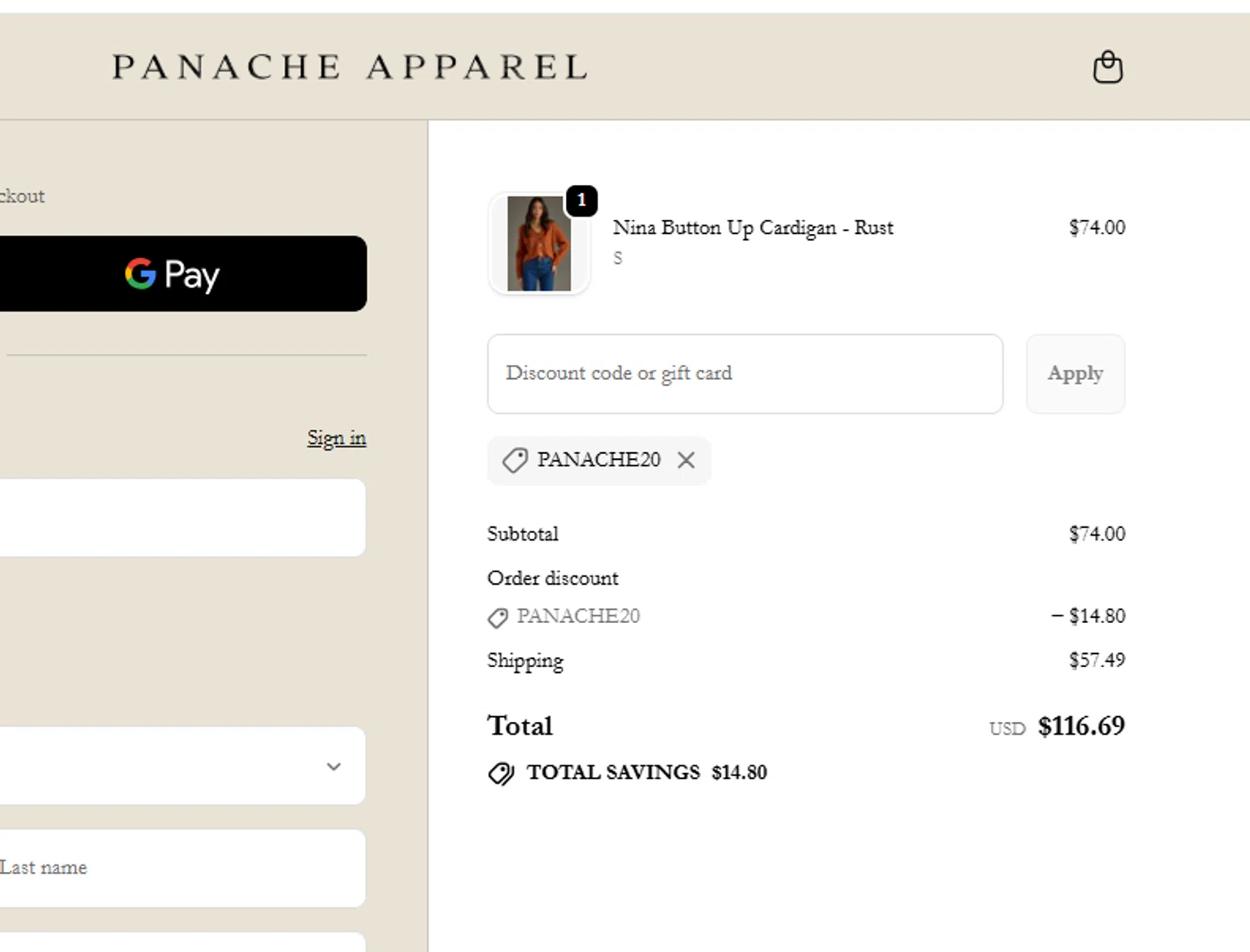 Panache Apparel discount code screenshot showing code PANACHE20 applied at Panache Apparel checkout page. Uploaded by SimplyCodes community member yeresojperez on Oct 22, 2025
