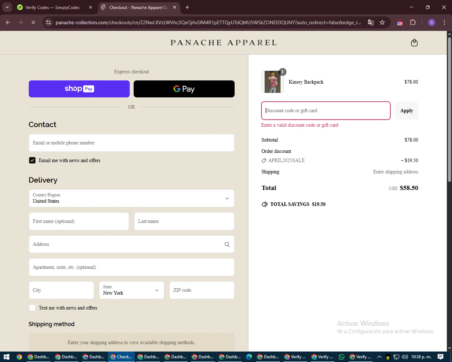 Panache Apparel discount code screenshot showing code vip25 applied at Panache Apparel checkout page. Uploaded by SimplyCodes community member LuckyVoyager688 on Apr 20, 2025