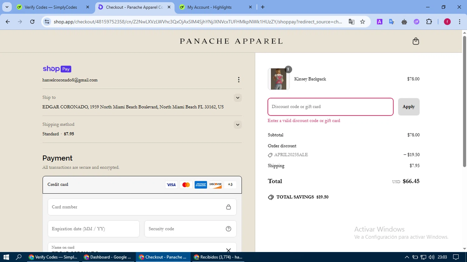 Panache Apparel discount code screenshot showing code vip25 applied at Panache Apparel checkout page. Uploaded by SimplyCodes community member fausguillermo on Apr 20, 2025