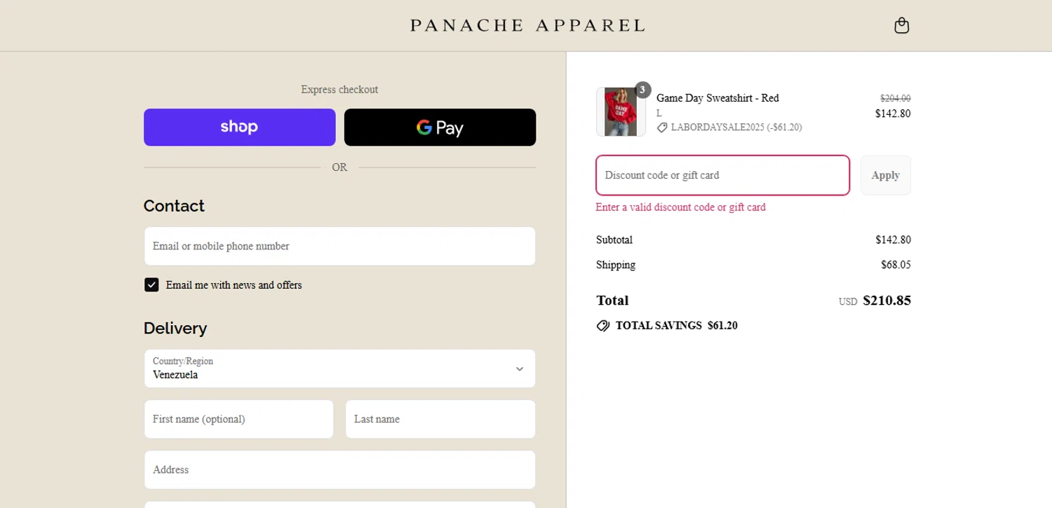 Panache Apparel discount code screenshot showing code BESTSTYLE40 applied at Panache Apparel checkout page. Uploaded by SimplyCodes community member MoneyHunter5624 on Aug 30, 2025