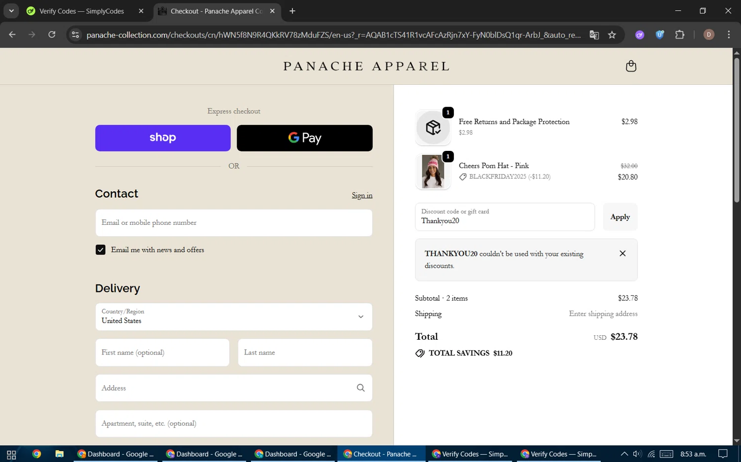 Panache Apparel discount code screenshot showing code Thankyou20 applied at Panache Apparel checkout page. Uploaded by SimplyCodes community member BrilliantWizard8884 on Nov 24, 2025